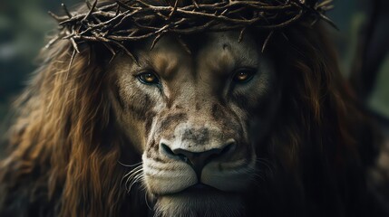 Fototapeta premium A majestic lion with a crown of thorns, symbolizing power and sacrifice.