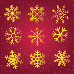 Nine intricate golden snowflakes in a red background