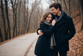 Couple Walking In Forest During Autumn