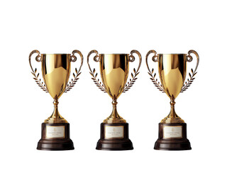 A set of three gold trophies with intricate laurel leaf designs, arranged in a line, isolated on a clean transparent background, PNG file.