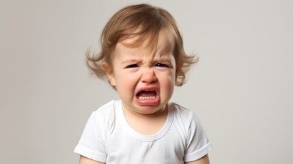 A crying toddler expressing frustration or sadness, is ideal for depicting childhood emotions, parenting challenges, or family-related themes.