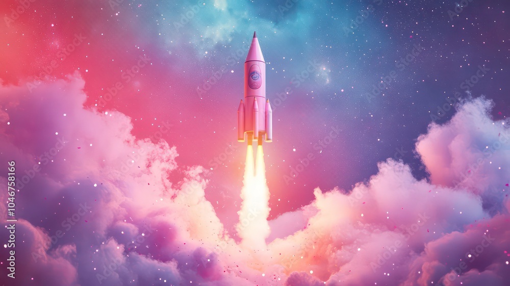 Aufkleber a rocket ship blasts off through the clouds leaving a trail of fire as it ascends into space.
