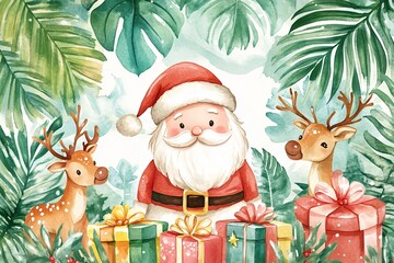 Fototapeta premium Charming Watercolor Santa with Reindeer and Gifts