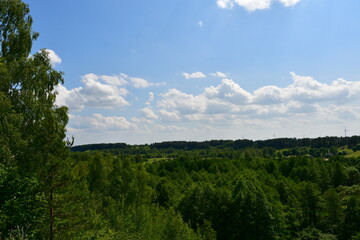 Obraz premium A view from the top of a tall hill showing vast areas of forests, moors, fields, and pasturelands, as well as some windmills situated on tops of other hills seen on a cloudy summer day in Poland