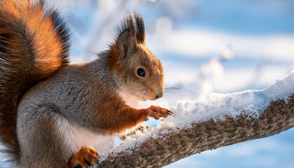Fototapeta premium 雪の積もった木の枝に座るリスの姿。小さな手でつまむ動作が、冬の自然の美しさと、野生動物の生活を強調するシーンです 