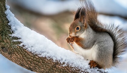 雪に覆われた木の枝に座るリスが、何かをつまんでいる様子。彼の愛らしい動作が冬の野生の魅力を際立たせています。
