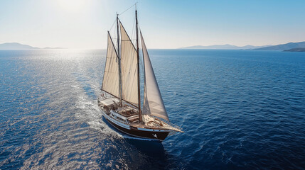 Fototapeta premium Sailboat with large white sails cruising over a calm blue sea, set against a clear horizon.