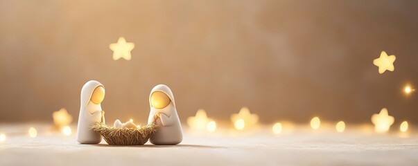 A serene nativity scene featuring two figures and a manger, illuminated by soft lights and surrounded by twinkling stars.