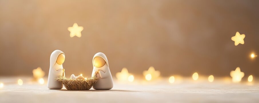 A serene nativity scene featuring two figures and a manger, illuminated by soft lights and surrounded by twinkling stars.
