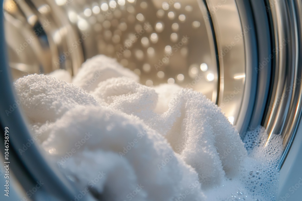 Poster a washing machine drum is filled with fluffy white towels, currently soaking in soapy water, prepari