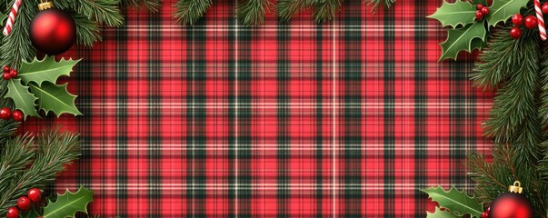 A festive red plaid background adorned with holly leaves and Christmas ornaments, perfect for holiday-themed designs.