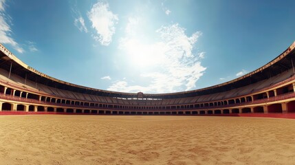 A wide-angle shot of a bullfighting arena with a sandy ring and rows of empty seats. The bright sun is shining in the clear blue sky.