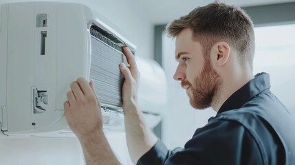 Fototapeta premium A technician servicing an air conditioning unit indoors.