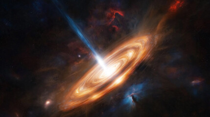 Black hole and fiery galaxy in outer space, illustrating cosmic energy and gravitational force.