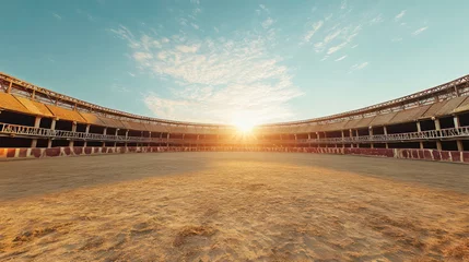 Gordijnen A wide-angle view of a large empty bullring with the sun setting in the background. © thenort