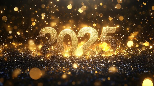 Brillanti numeri dorati '2025' su uno sfondo scuro, circondati da scintillii ed effetti di luce, celebrando il nuovo anno con un'atmosfera festosa ed elegante
