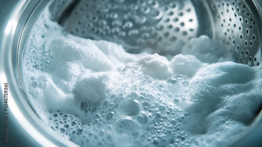 Poster the washing machine drum is filled with white towels immersed in bubbly suds as the laundry cycle pr