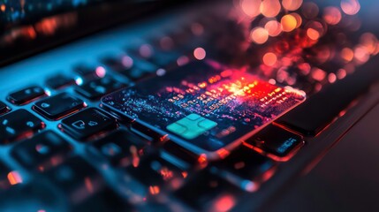 Obraz premium A credit card lies on a laptop keyboard, with blurred lights in the background.