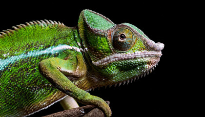 Fototapeta premium A vivid capturing of a chameleon's textured skin and alert eye, perched strikingly on a branch