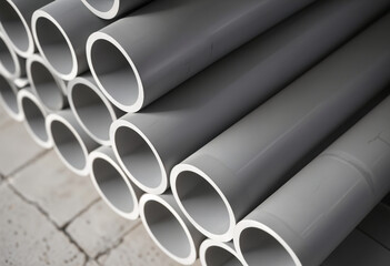 A closeup view of a stack of grey PVC pipes, revealing their circular cross sections and smooth, slightly textured surfaces. The pipes are arranged in a staggered pattern, creating a sense of depth.