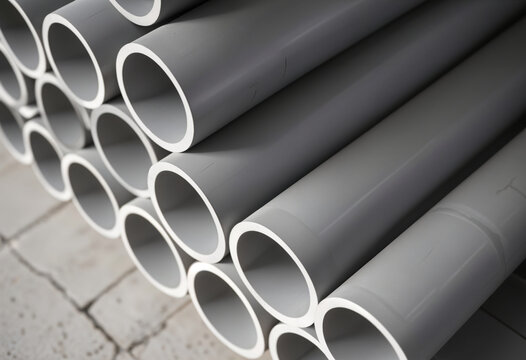 A closeup view of a stack of grey PVC pipes, revealing their circular cross sections and smooth, slightly textured surfaces. The pipes are arranged in a staggered pattern, creating a sense of depth.