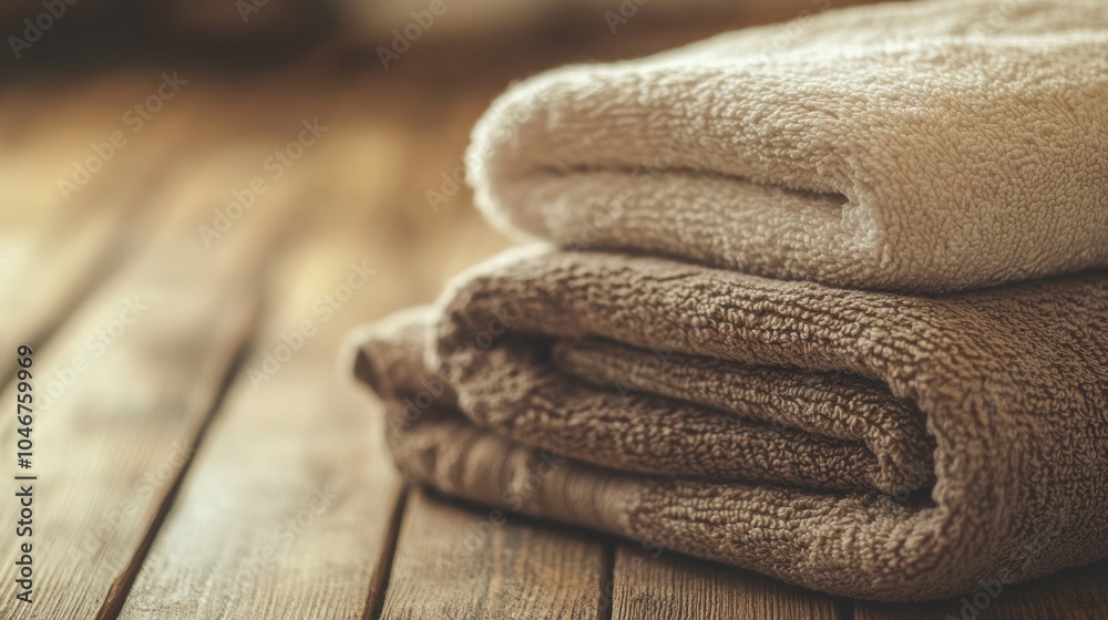 Aufkleber Soft towels in beige and brown neatly stacked, adding a touch of warmth to a rustic wooden bathroom environment. Generative AI
