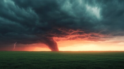 A dark, swirling tornado touches down on an open grassy plain, with lightning crackling through stormy clouds, creating an intense atmosphere.