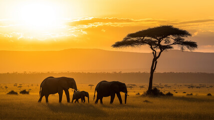 Fototapeta premium Herd of elephants walking across a sunlit savanna with a warm, golden glow.
