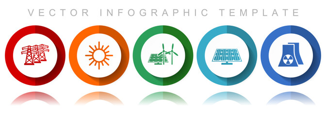 Renewable energy vector icon collection, miscellaneous icons such as power line, sun, solar panel and nuclear power plant, flat design infographic template in eps 10
