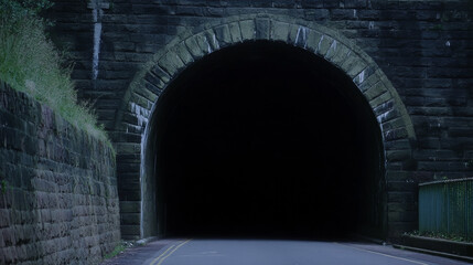 Mysterious Tunnel Entrance: Dark, arched stone tunnel entrance on a road, leading into ominous darkness.  A sense of mystery and unknown.