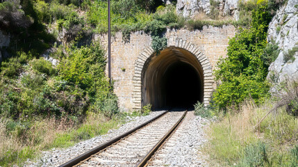 Obraz premium Into the Unknown: A single railway track disappears into the darkness of a stone tunnel, promising adventure and mystery.