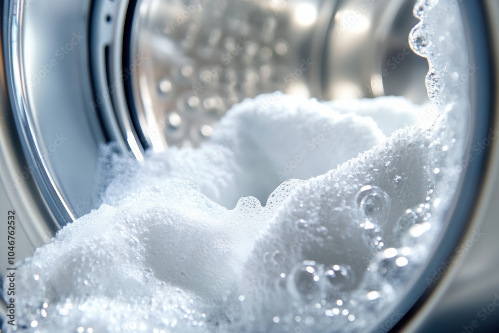 Poster soapy water and white towels fill the washing machine drum as it spins during a cleaning cycle in a 