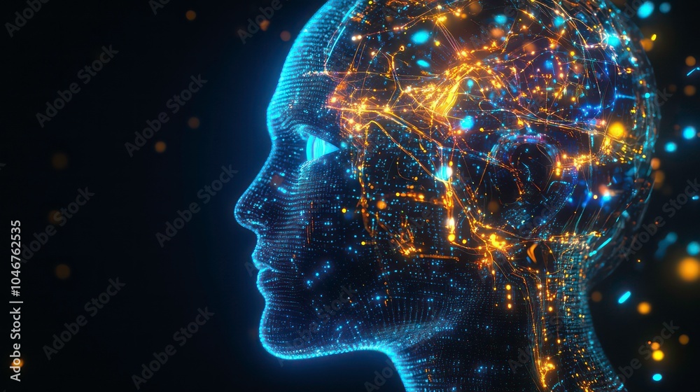 Poster a digital rendering of a human head, formed from blue and orange light particles. the head is in pro