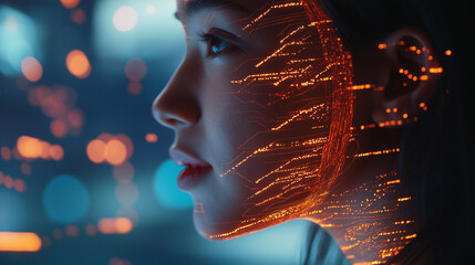 Woman’s profile with digital connections and data patterns, symbolizing artificial intelligence and technology.
