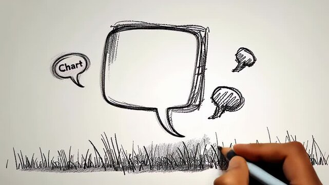 Hand drawing a sketch of a speech bubble and grass with comic elements