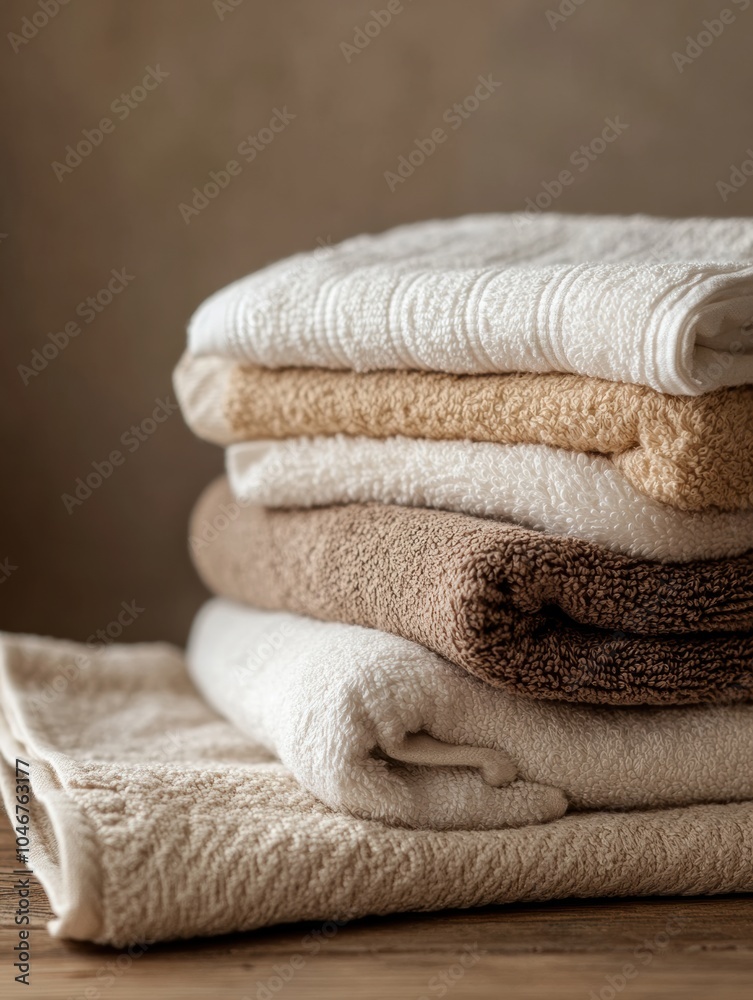Aufkleber soft, neutral towels are stacked neatly on a wooden surface, creating a cozy and inviting ambiance f