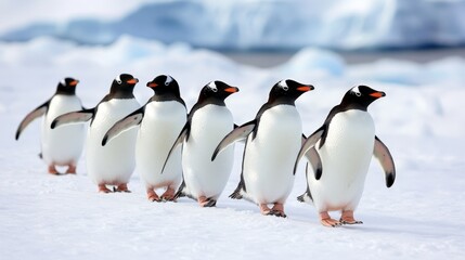 Obraz premium A group of penguins waddling across the ice, with the vast Antarctic landscape stretching endlessly behind them.