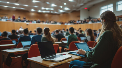 University lecture hall filled with students taking notes on laptops during a class.