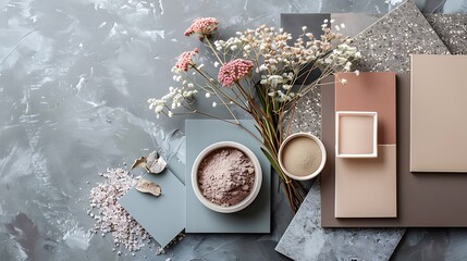 Top view image of a variety of paint color swatches displayed with a bowl of pink and white flowers and a bowl of powder.