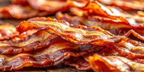 Top View of Delicious Fried Bacon Slices - Crispy Texture and Golden Brown Color in a Close-Up Background for Food Lovers