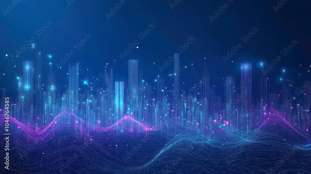 Poster Abstract digital city skyline with glowing lights and data visualization on a blue background.