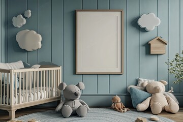 Blue and white nursery with a crib. Perfect for showcasing baby products or interior design.