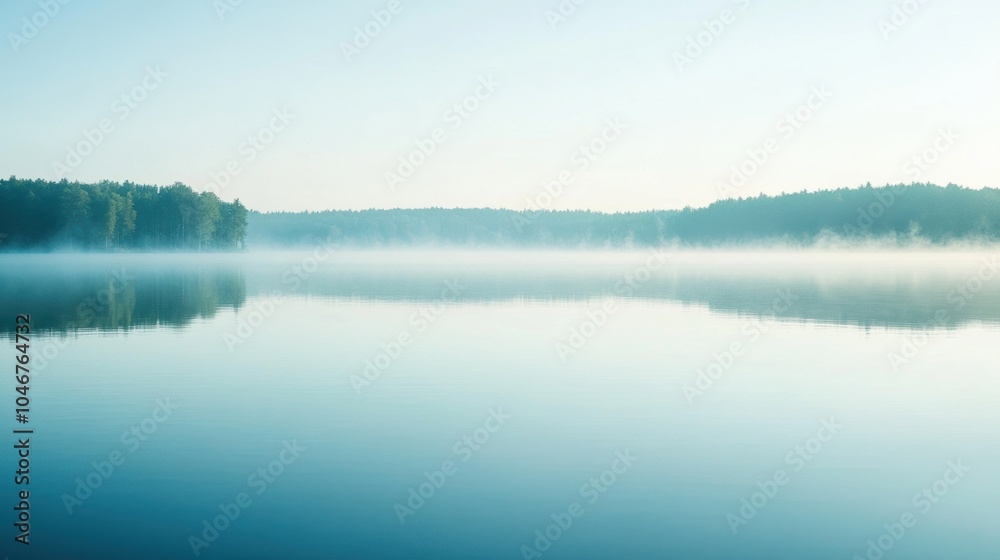 Aufkleber soft morning mist blankets the serene lake, reflecting the surrounding trees and creating a peaceful