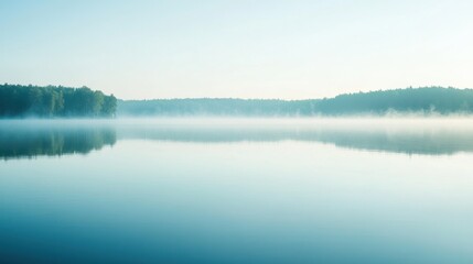 Soft morning mist blankets the serene lake, reflecting the surrounding trees and creating a peaceful, calming atmosphere. Generative AI