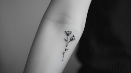 A delicate blackwork tattoo of two flowers on a woman's arm.