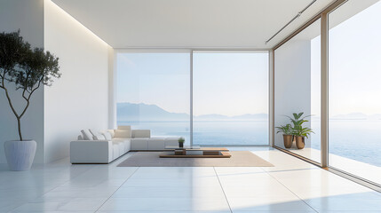 Obraz premium A large, open living room with white furniture and a potted plant