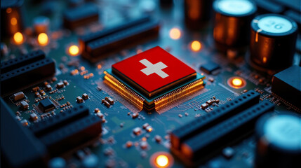 A microprocessor featuring Switzerland flag is installed on a circuit board, illuminated by glowing lights, representing role in global tech and semiconductor industries