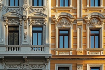 Fototapeta premium Ornate building facade with windows. Perfect for projects on architecture, urban design, or real estate.
