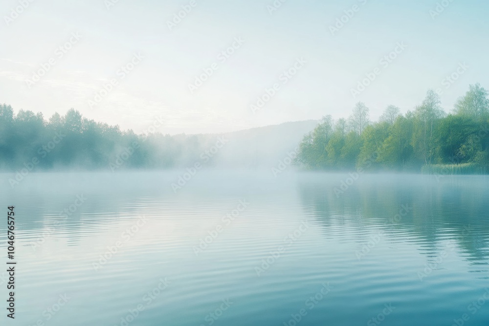Poster Morning mist blankets the serene lake, creating a peaceful atmosphere with soft reflections and lush trees in the background. Generative AI