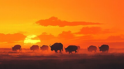 Fototapeta premium A herd of buffalo crossing a dusty plain at sunset, their silhouettes outlined against the orange sky.